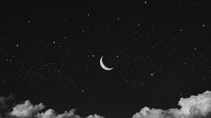 Crescent Moon and Stars in Night Sky with Fluffy Clouds