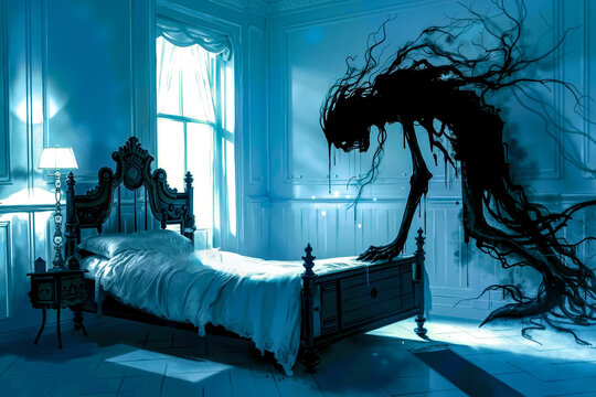 A woman laying on a bed in a dark room