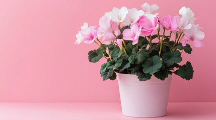Fototapeta premium Beautiful pink and white cyclamen flowers bloom vibrantly in a simple white pot, set against a soft pink background, enhancing the charm of any indoor space or decor style