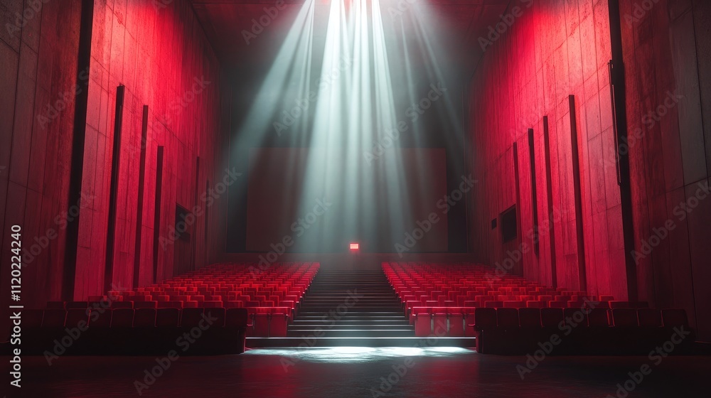 Poster dramatic light beams in empty theater with red lighting and rows of unoccupied red seats glowing wit