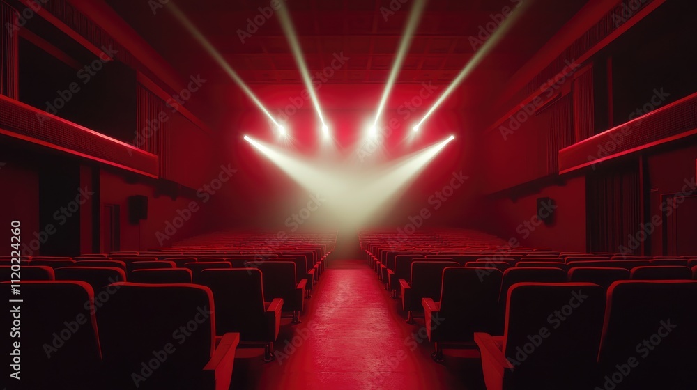 Poster dramatic red lighting in an empty theatre with spotlights shining down on the stage, creating a myst