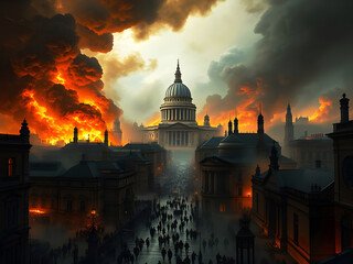 The Great Fire of London depiction. Edited AI generated image