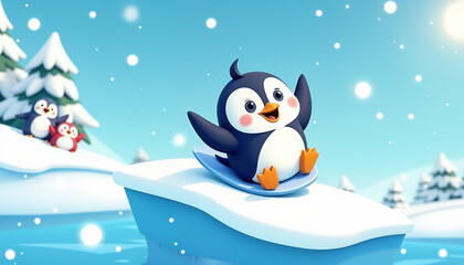 Naklejka premium Happy cartoon penguin sledding on ice with snowy mountains and fellow penguins in the background