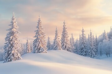 Fototapeta premium Snowy winter landscape with soft sunrise light