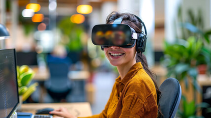 A woman wearing a virtual reality headset sitting at a desk in front of a computer