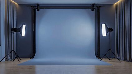 A gray photo studio with a large empty gray backdrop, two light stands on each side of the wall, and wooden floors.