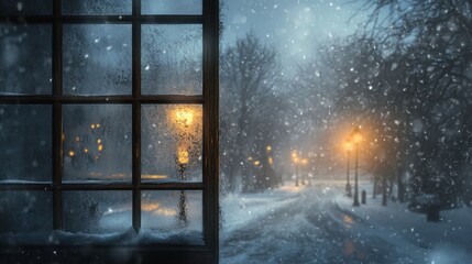 Naklejka premium Snowy street view seen through a frosted window with warm glowing streetlights 