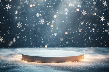 Illuminated platform with falling snowflakes on dark background
