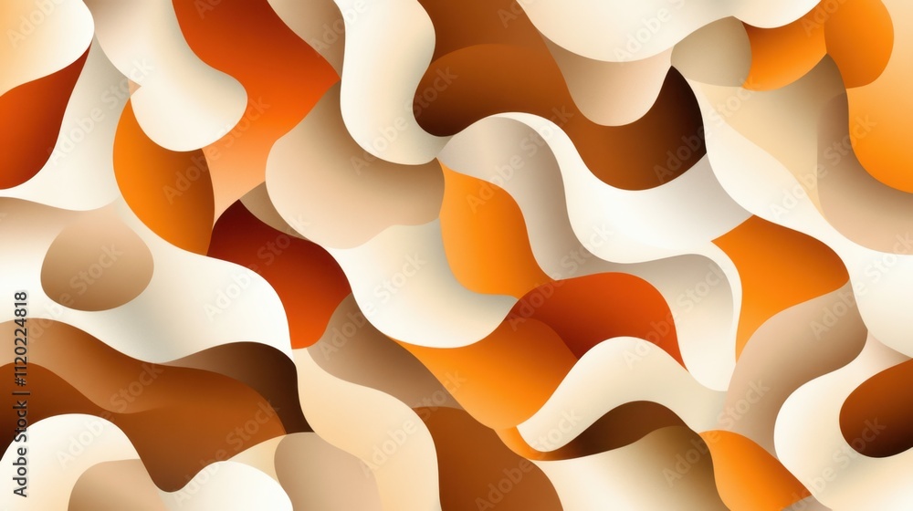 Poster vibrant abstract pattern of swirling, overlapping shapes in shades of orange, brown, and cream, crea
