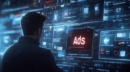 Man viewing digital ad campaign data on many screens.