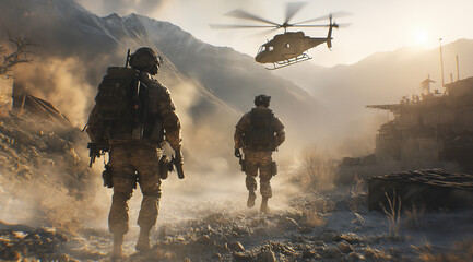 Two soldiers in full gear, walking towards the camera with their backs to us and a helicopter flying above them, in a dusty environment. The photo is taken from behind the two men,