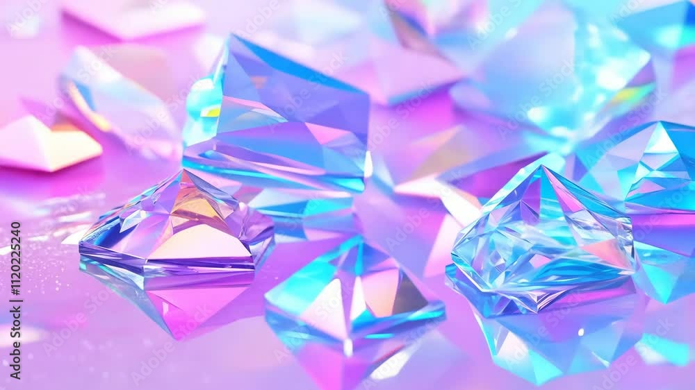 Poster abstract holographic crystal shapes in motion on iridiscent violet background