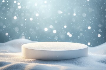 Snowy stage with sparkling lights in winter setting