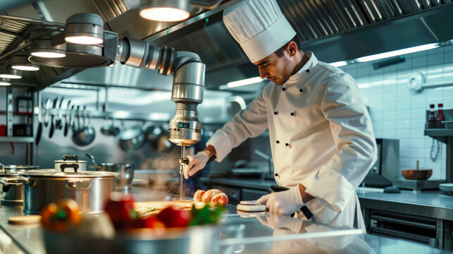 A chef in a commercial kitchen preparing food with a robotic arm
