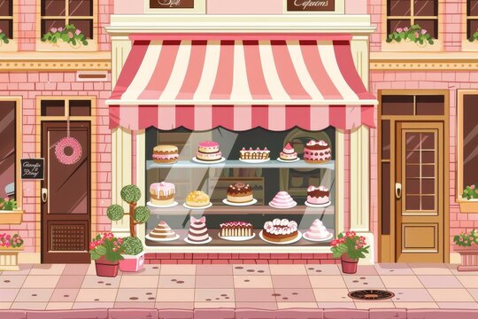 A charming bakery display featuring an array of colorful cakes and pastries in a quaint storefront.