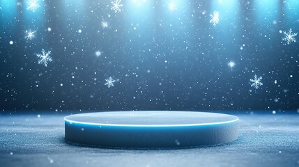Snowflakes fall on illuminated round platform, festive backdrop.
