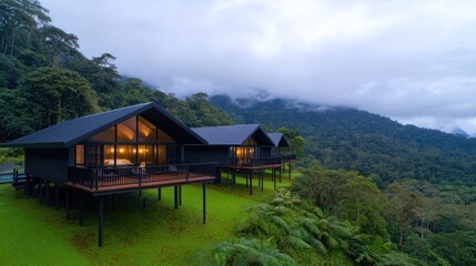 Fototapeta premium Modern cabins on stilts amidst lush green mountains.