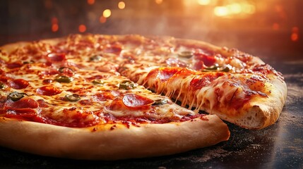 pizza , with one slice missing on the side, placed against a vibrant background.