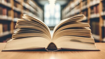 An open book on a table in a library, showcasing knowledge and learning.