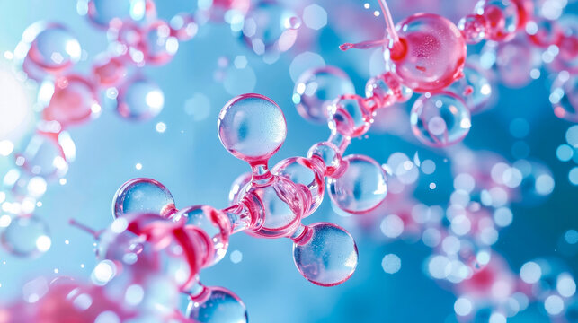 A bunch of pink and blue bubbles floating in the air
