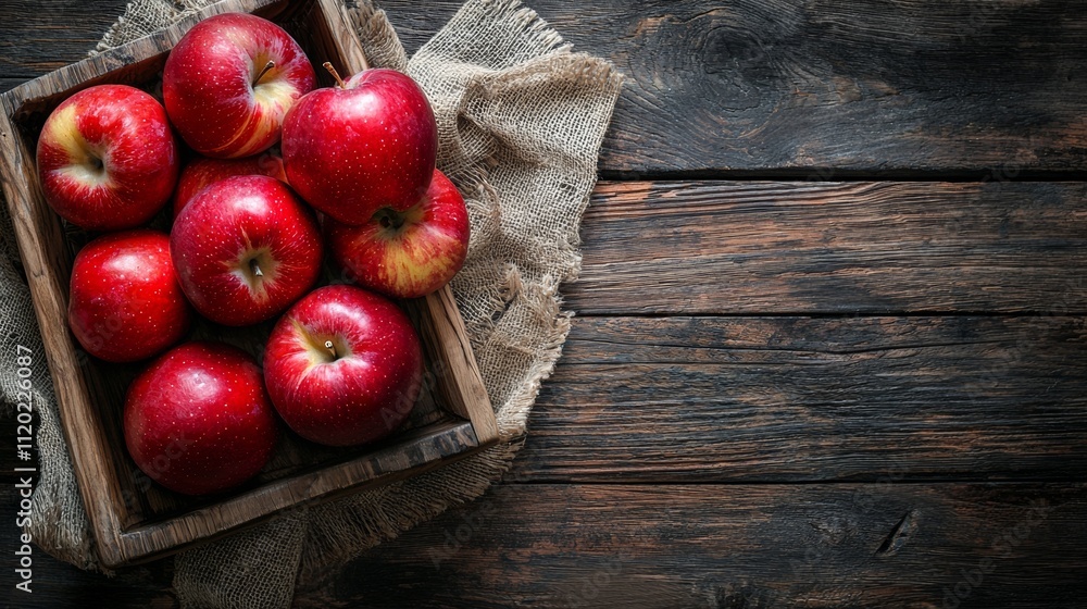 Poster wooden crate filled with fresh red apples on rustic table