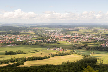 Scenic landscape view of a sprawling countryside town.