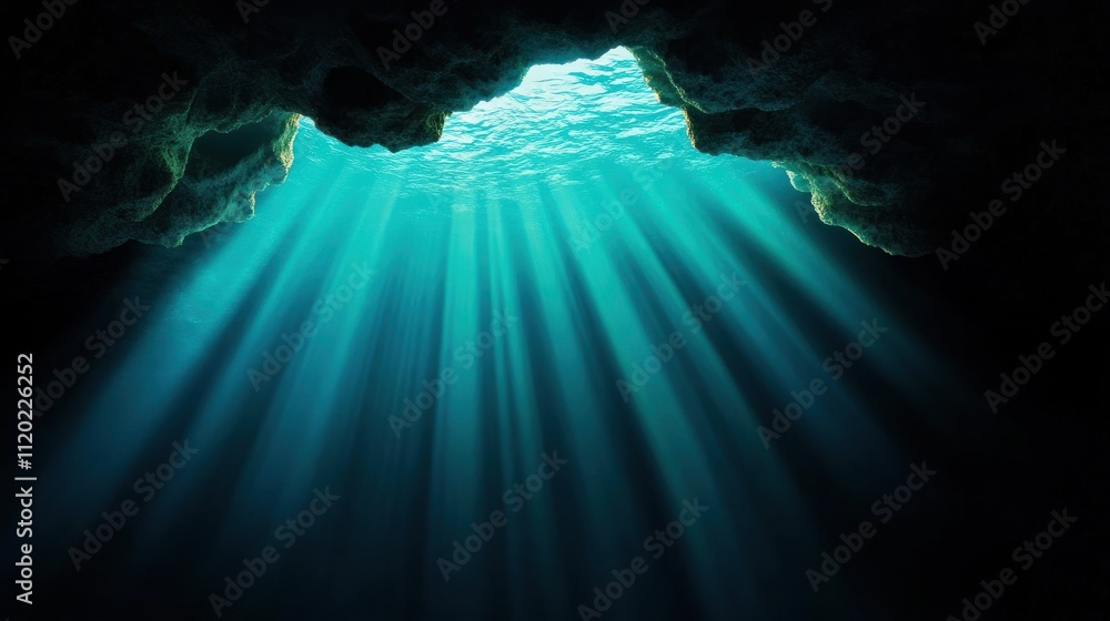 Poster sunlight filtering through water in an underwater cave.