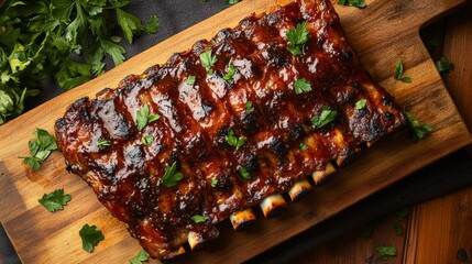 A beautifully glazed rack of ribs garnished with parsley on a wooden cutting board.
