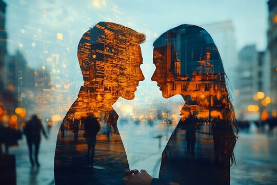 Silhouette Couple Romance City Lights Technology Network