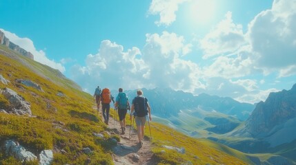 Obraz premium a group of friends hiking on a mountain trail surrounded by breathtaking landscapes, blue skies, and fresh air. 