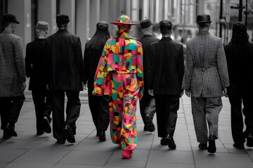 One person walking in a colorful attire standing out in a crowd wearing grey clothes