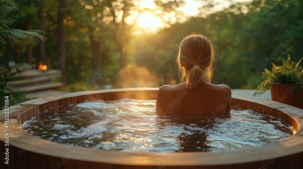 Aufkleber A person enjoys a serene soak in a wooden hot tub while surrounded by lush greenery, with warm sunlight filtering through trees during sunset, creating a calming atmosphere.