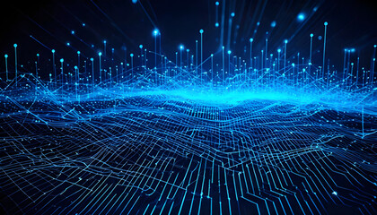 Abstract digital network circuit board background banner with glowing light and connecting data dots in blue and black colors. Big data technology concept. 
