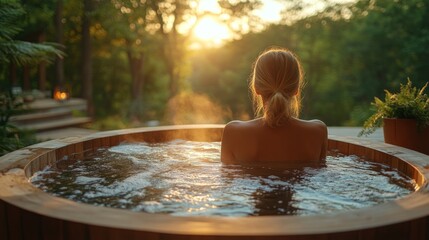 Fototapeta premium A person enjoys a serene soak in a wooden hot tub while surrounded by lush greenery, with warm sunlight filtering through trees during sunset, creating a calming atmosphere.