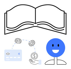 Open book above a smiling face, hand holding credit card with coins, emphasizing learning, financial management, happiness. Ideal for educational content, financial literacy, positive mindset