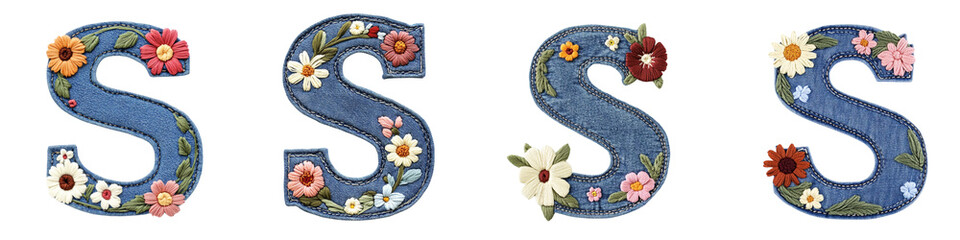 Denim letter S with colorful floral embroidery, creative and decorative design