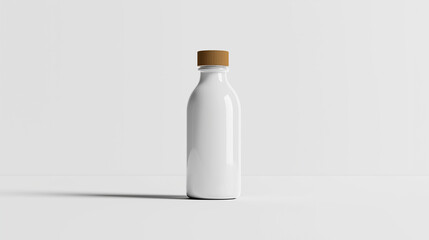 Sleek mockup of a white bottle with a secure wooden cap on a minimalist background