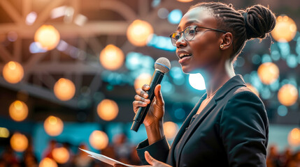 A woman speaking into a microphone in front of a crowd