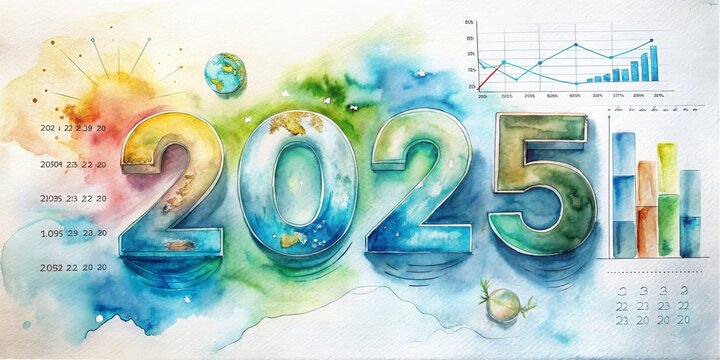 Creative Watercolor Illustration for 2025 Vision Planning - A vibrant watercolor artwork representing the year 2025, featuring charts, graphs, and a globe to symbolize growth and future objectives.