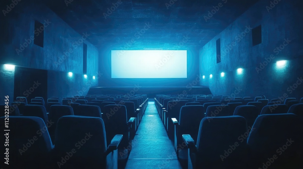 Poster atmospheric interior of an empty cinema hall with row of empty seats and large screen surrounded by 