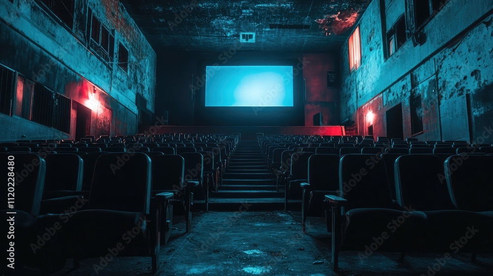 Poster abandoned movie theater interior with empty seats and dim lighting creating an atmospheric setting f