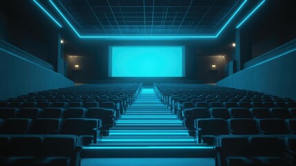 Obraz premium Modern Cinema Interior with Neon Blue Lighting and Empty Seats, Featuring Large Projection Screen in a Stylish Atmosphere for Film Enthusiasts