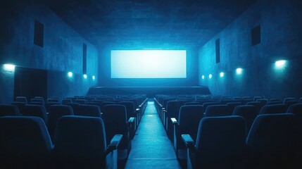 Naklejka premium Atmospheric Interior of an Empty Cinema Hall with Row of Empty Seats and Large Screen Surrounded by Dim Blue Lighting and an Eerie Yet Inviting Ambiance