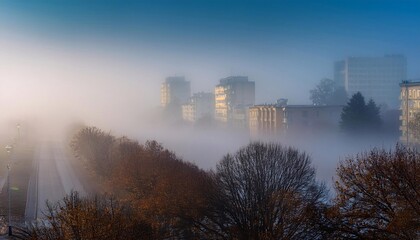 Fototapeta premium Sunrise over a foggy cityscape with road and buildings