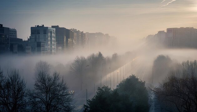 Fog covering boulevard p&eacute;riph&eacute;rique and surrounding buildings at sunrise in paris