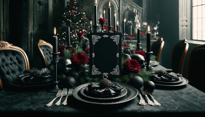 Gothic Christmas Dinner Table with Black Roses, Candles, and Dark Elegance