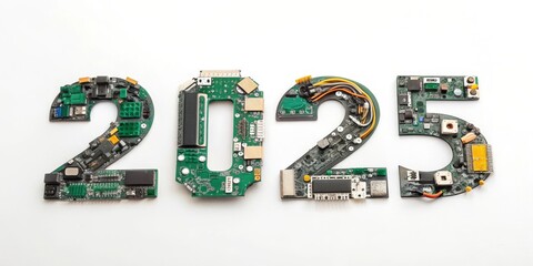 Naklejka premium Future Technology 2025 - Creative representation of the year 2025 using electronic components, symbolizing innovation, progress, and technological advancement.