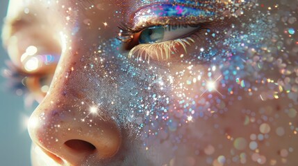 Intricately designed glitter makeup on a face