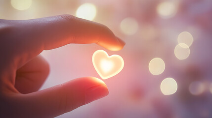 Close-up of finger pressing heart-shaped button. Online dating concept, online relationship.