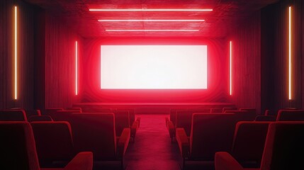 Empty Movie Theater Hall with Bright Red Lighting and Blank Screen; Dramatic Cinematic Atmosphere for Modern Film Viewing Experience